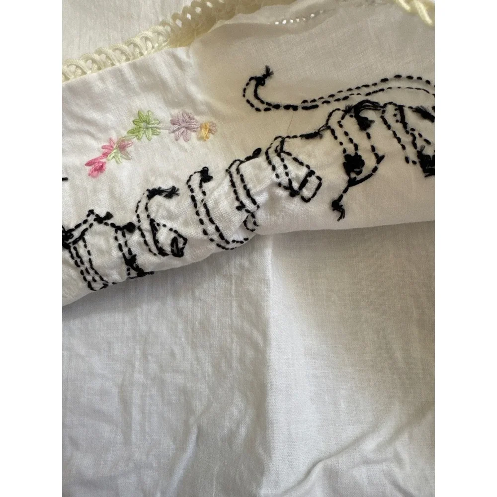 Vintage Hand Embroidered I Believe Floral White Cotton Pillowcase Scalloped Edge
